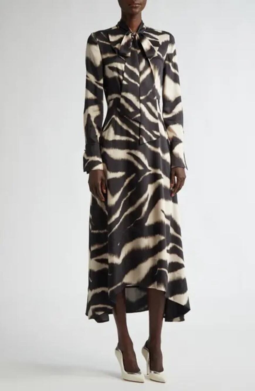 St John Long Sleeve Zebra Print Scarf Tie Neck Midi Dress Size 6 - Picture 2 of 8